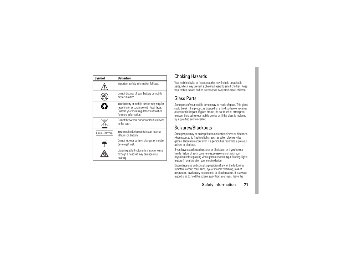 Motorola V197 manual Choking Hazards, Glass Parts, Seizures/Blackouts 