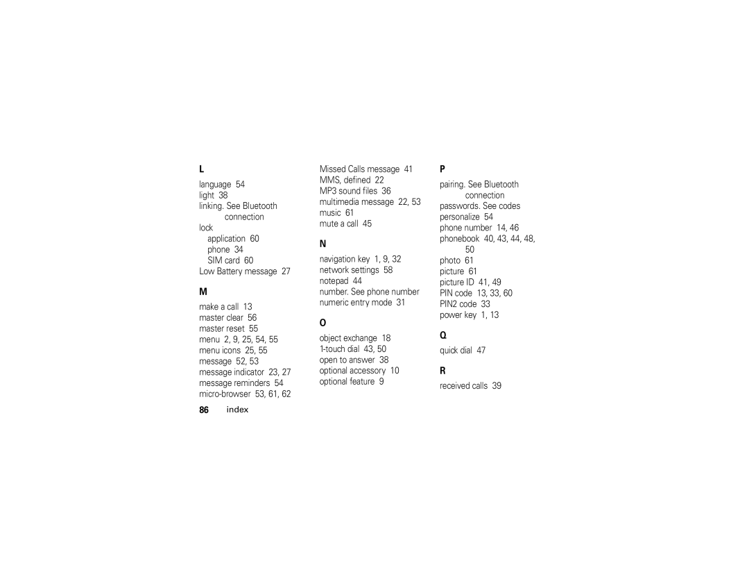 Motorola V197 manual Language 54 light 