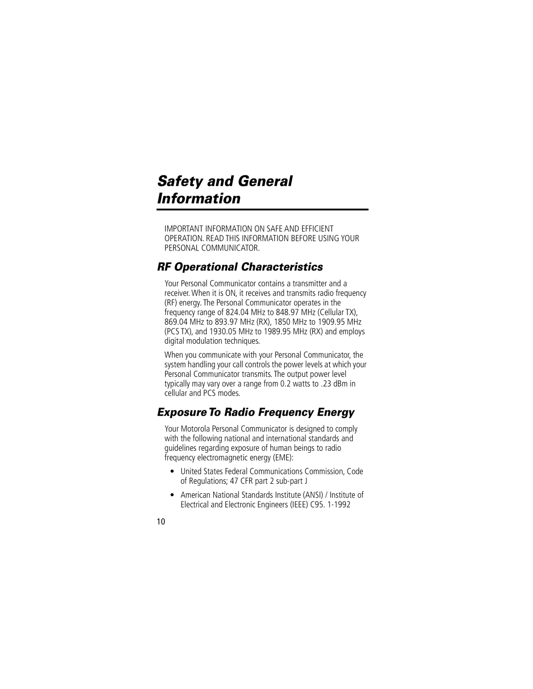 Motorola V200 manual Safety and General Information, RF Operational Characteristics, Exposure To Radio Frequency Energy 