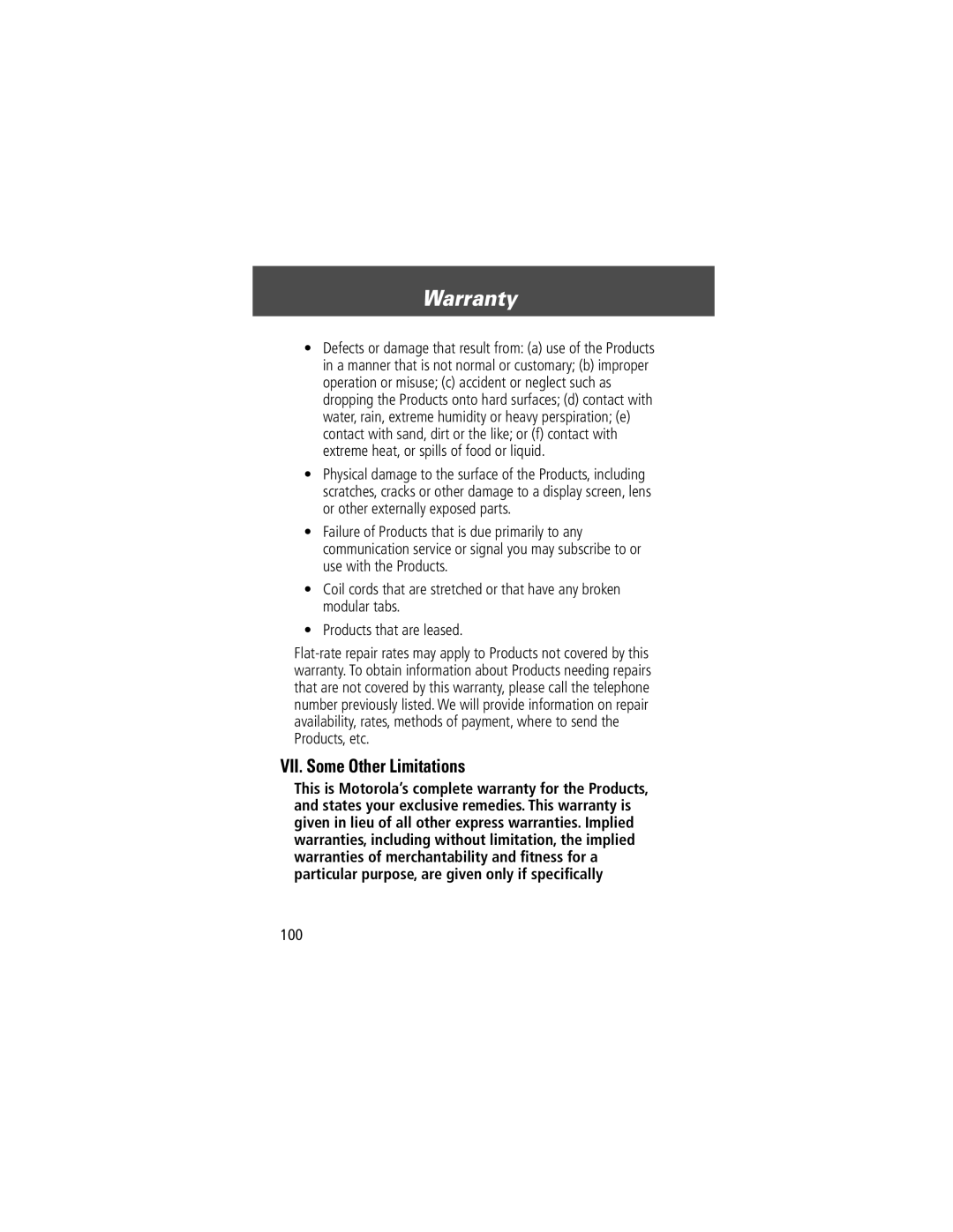 Motorola V200 manual VII. Some Other Limitations, 100 