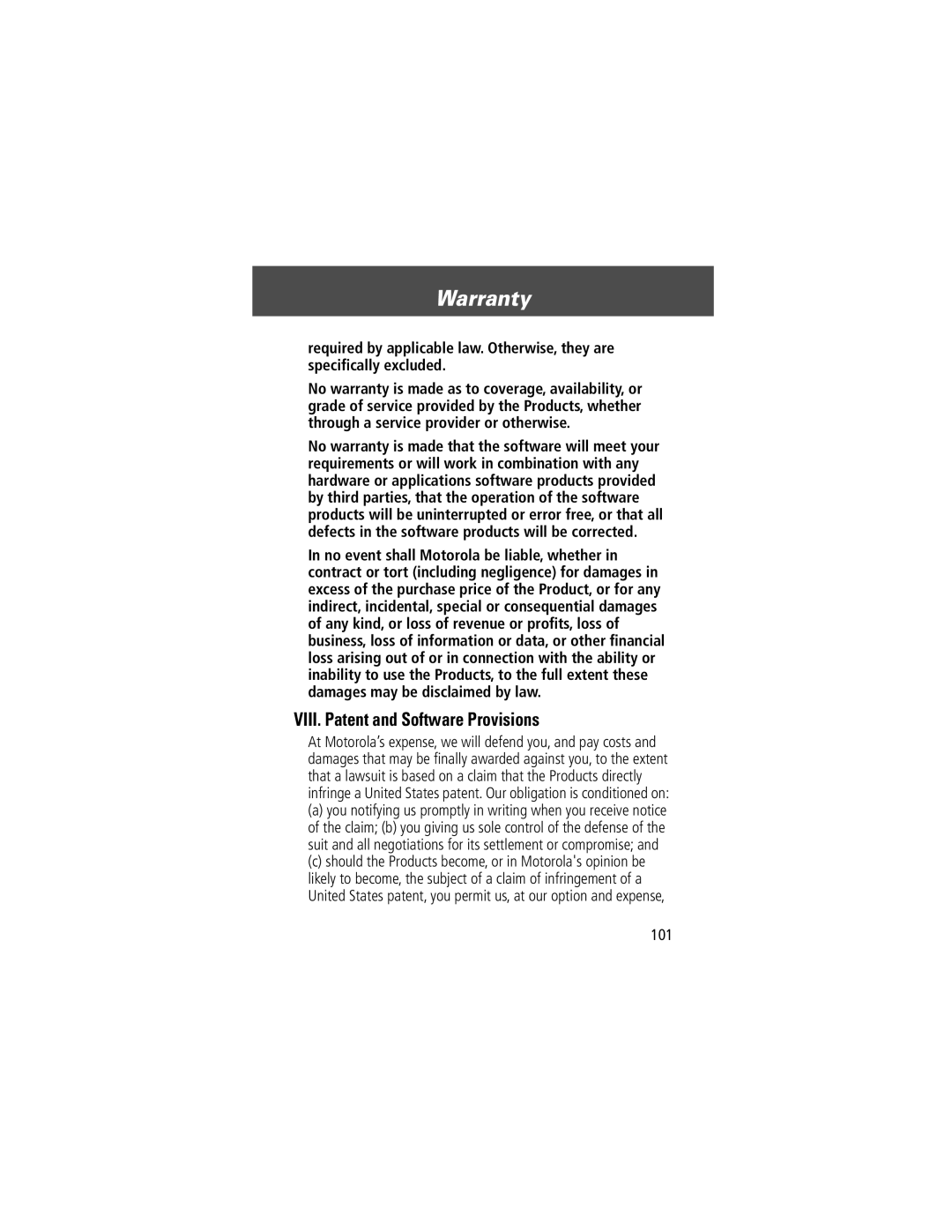 Motorola V200 manual VIII. Patent and Software Provisions, 101 