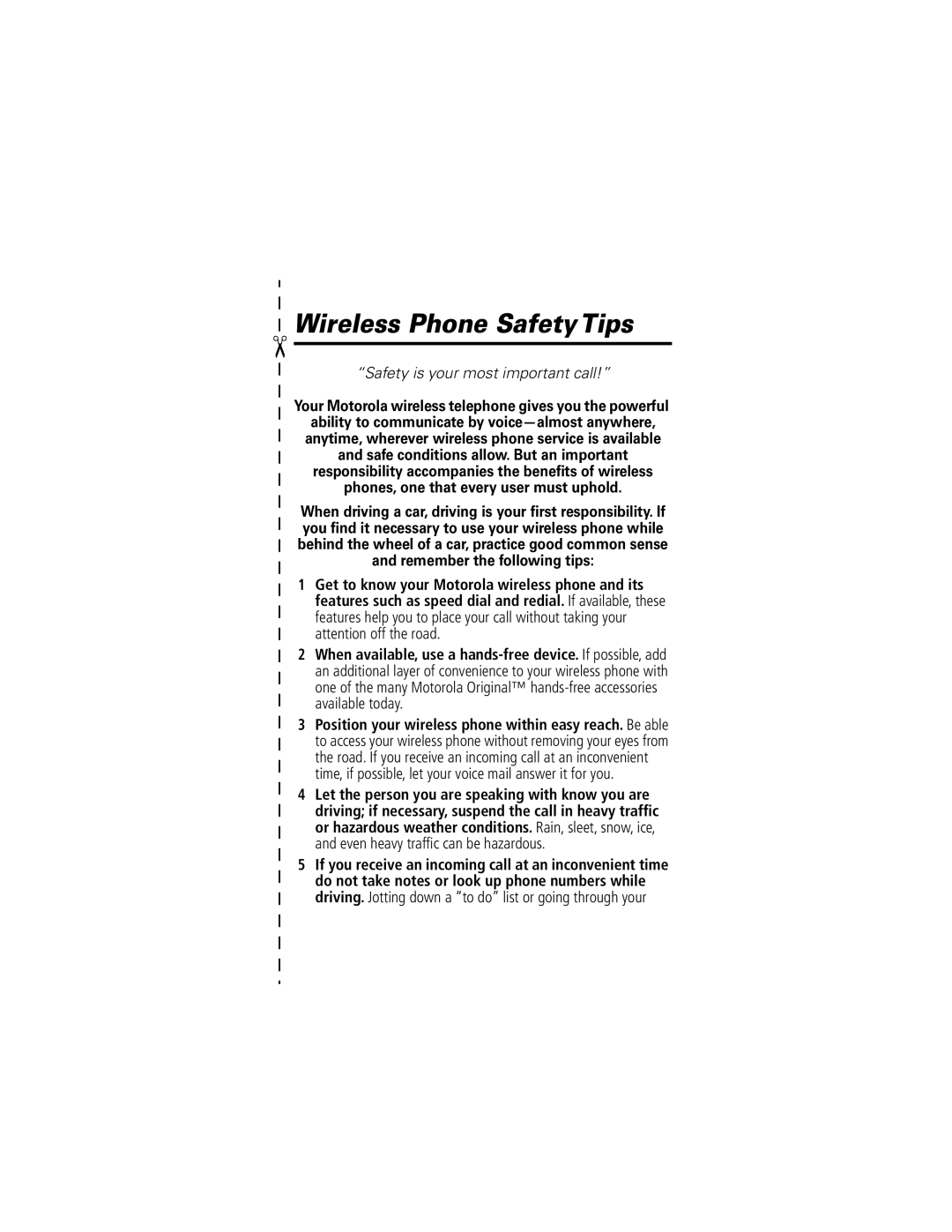 Motorola V200 manual Wireless Phone Safety Tips, Safety is your most important call 