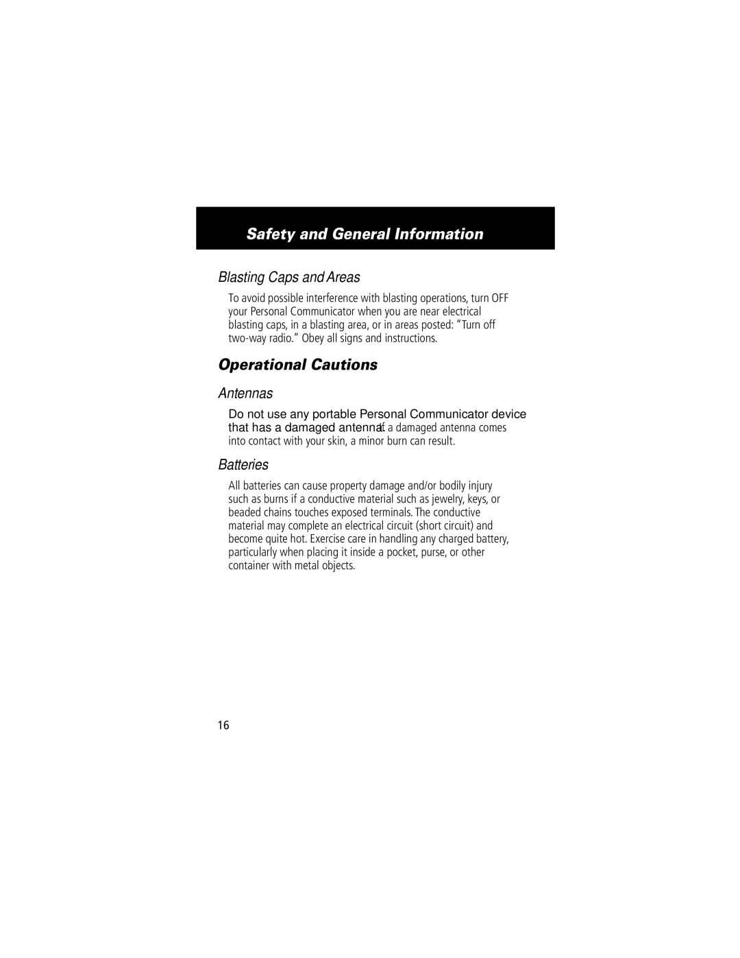 Motorola V200 manual Operational Cautions, Blasting Caps and Areas, Antennas, Batteries 