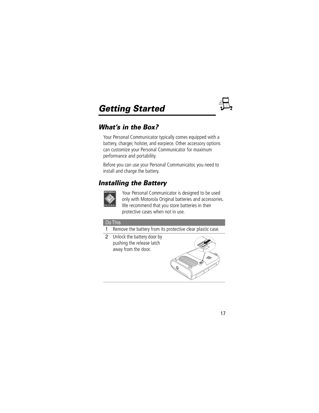 Motorola V200 manual Getting Started, What’s in the Box?, Installing the Battery, Unlock the battery door by 