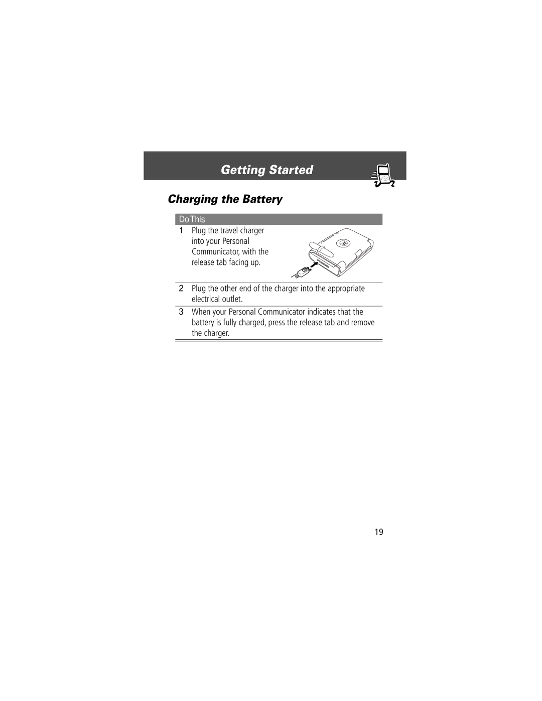 Motorola V200 manual Charging the Battery, Plug the travel charger 