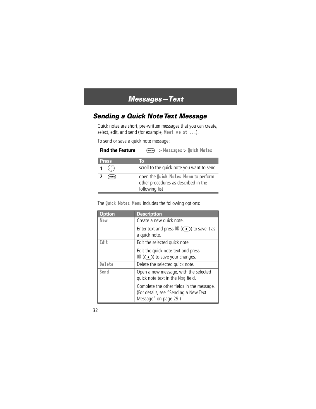 Motorola V200 manual Sending a Quick Note Text Message 