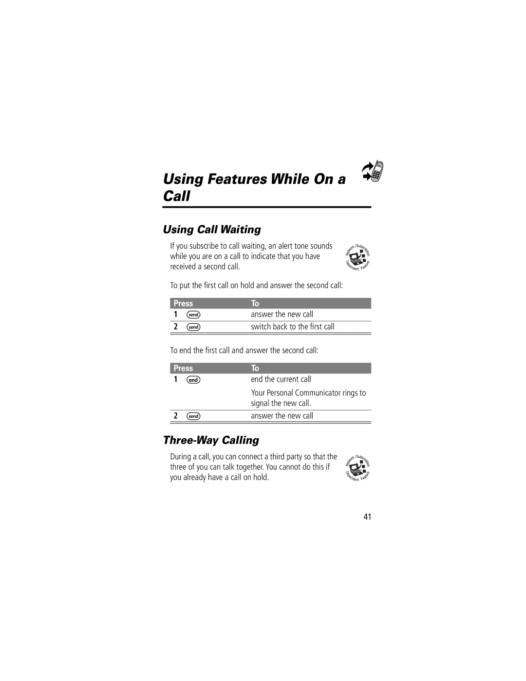 Motorola V200 manual Using Features While On a Call, Using Call Waiting, Three-Way Calling 