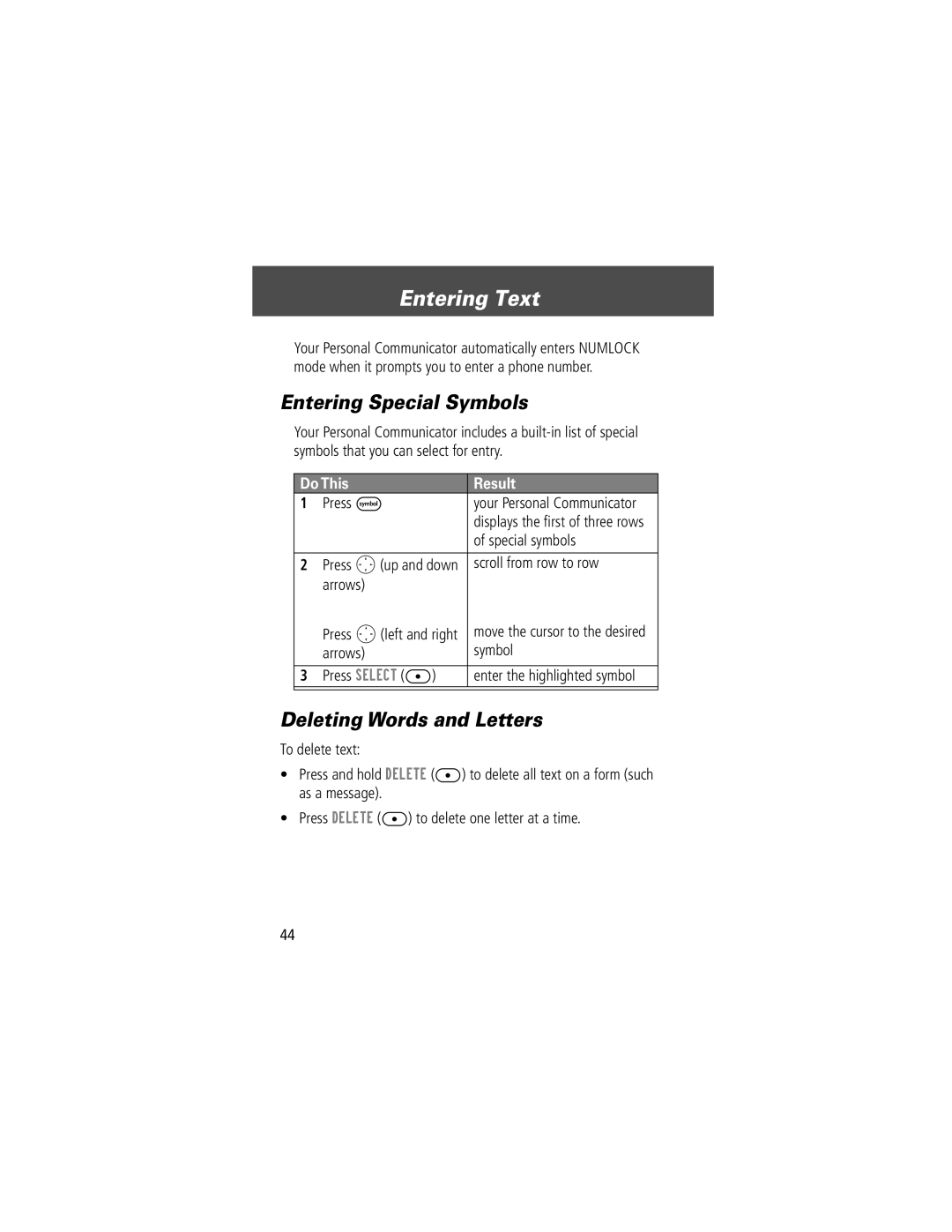 Motorola V200 manual Entering Text, Entering Special Symbols, Deleting Words and Letters 