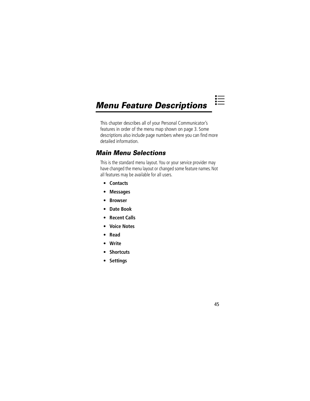 Motorola V200 manual Menu Feature Descriptions, Main Menu Selections 