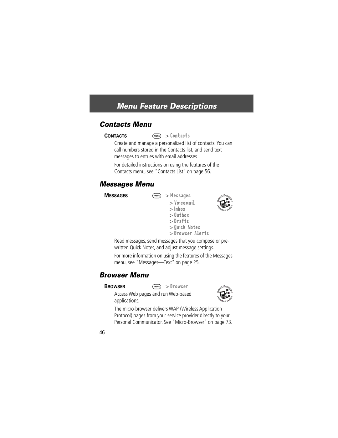 Motorola V200 manual Menu Feature Descriptions, Contacts Menu, Messages Menu, Browser Menu 