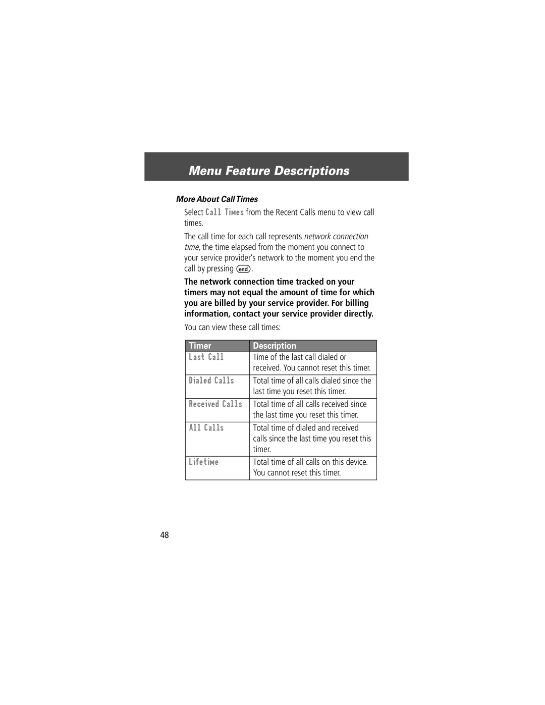 Motorola V200 manual You can view these call times, Time of the last call dialed or, Last time you reset this timer, Timer 