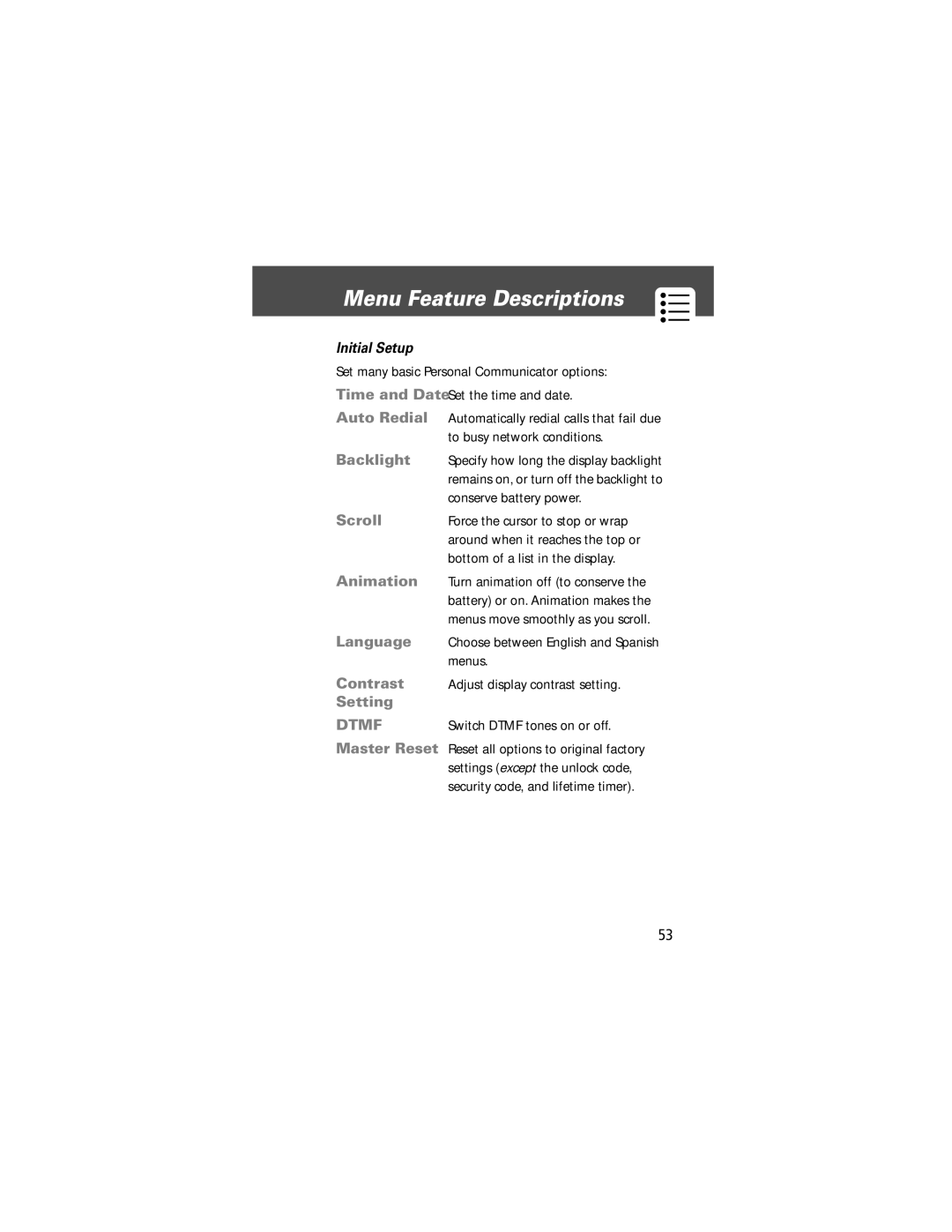 Motorola V200 manual Initial Setup, Set many basic Personal Communicator options 