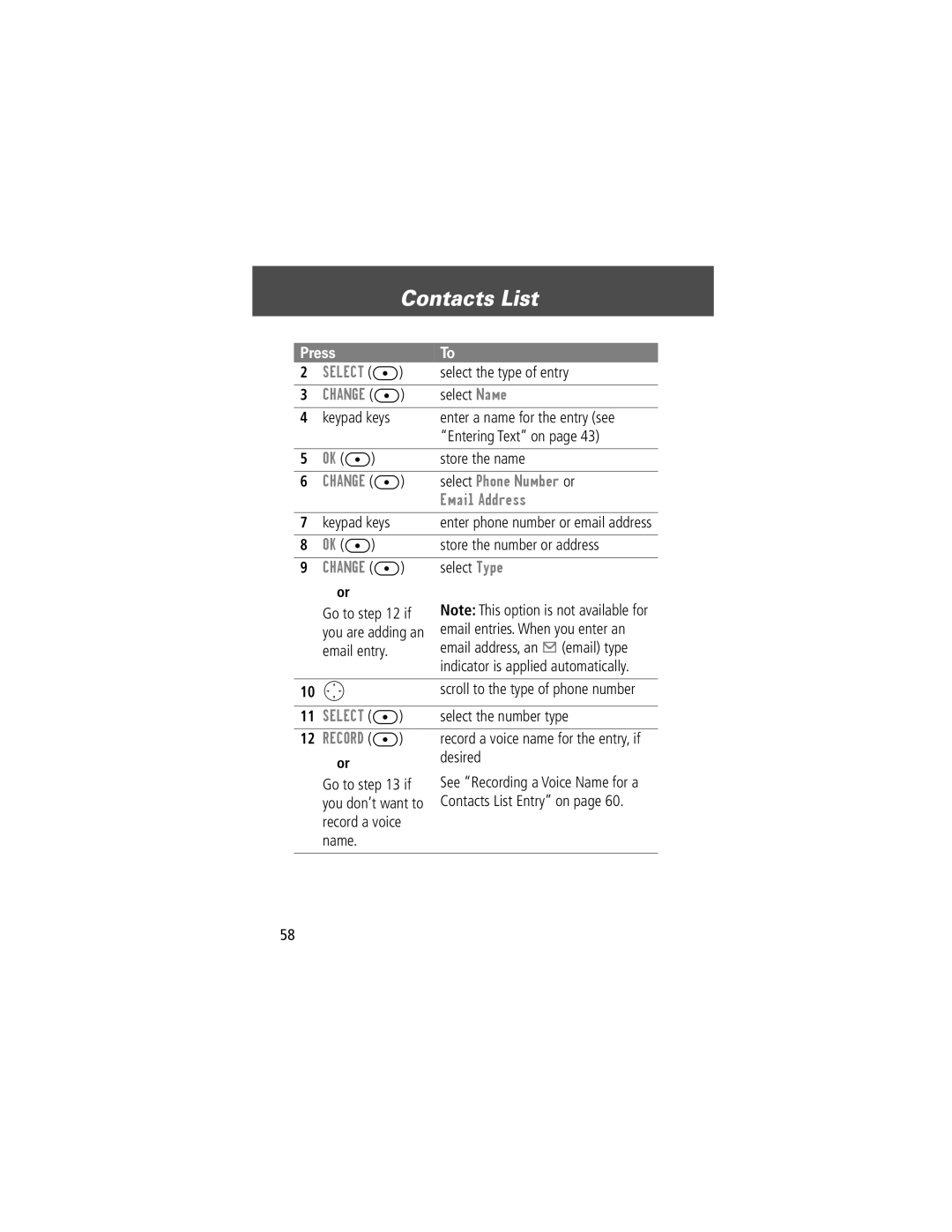 Motorola V200 manual Select the type of entry, Select Name, Keypad keys, Store the number or address, Select Type, Desired 