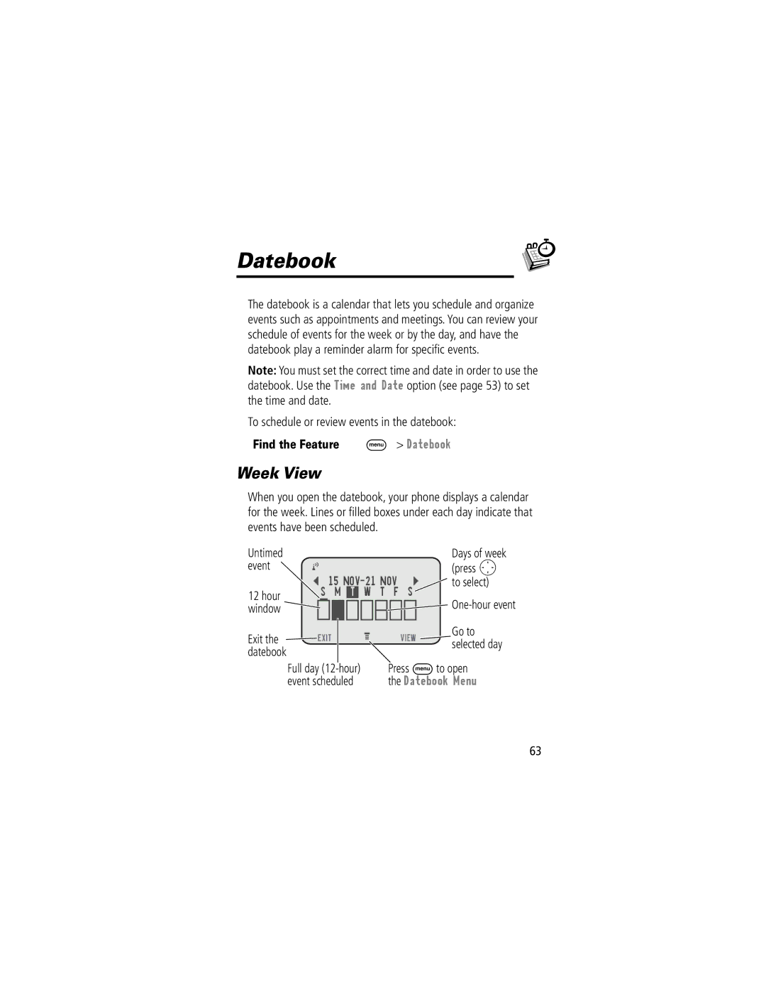 Motorola V200 manual Datebook, Week View 