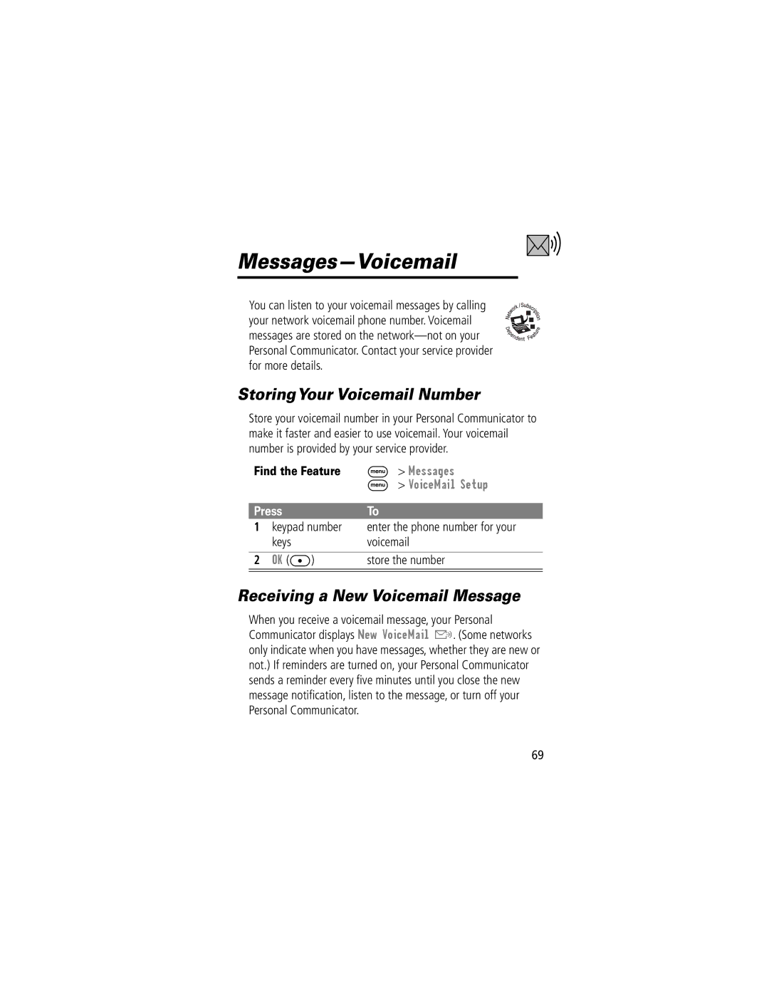 Motorola V200 manual Messages-Voicemail, StoringYour Voicemail Number, Receiving a New Voicemail Message 