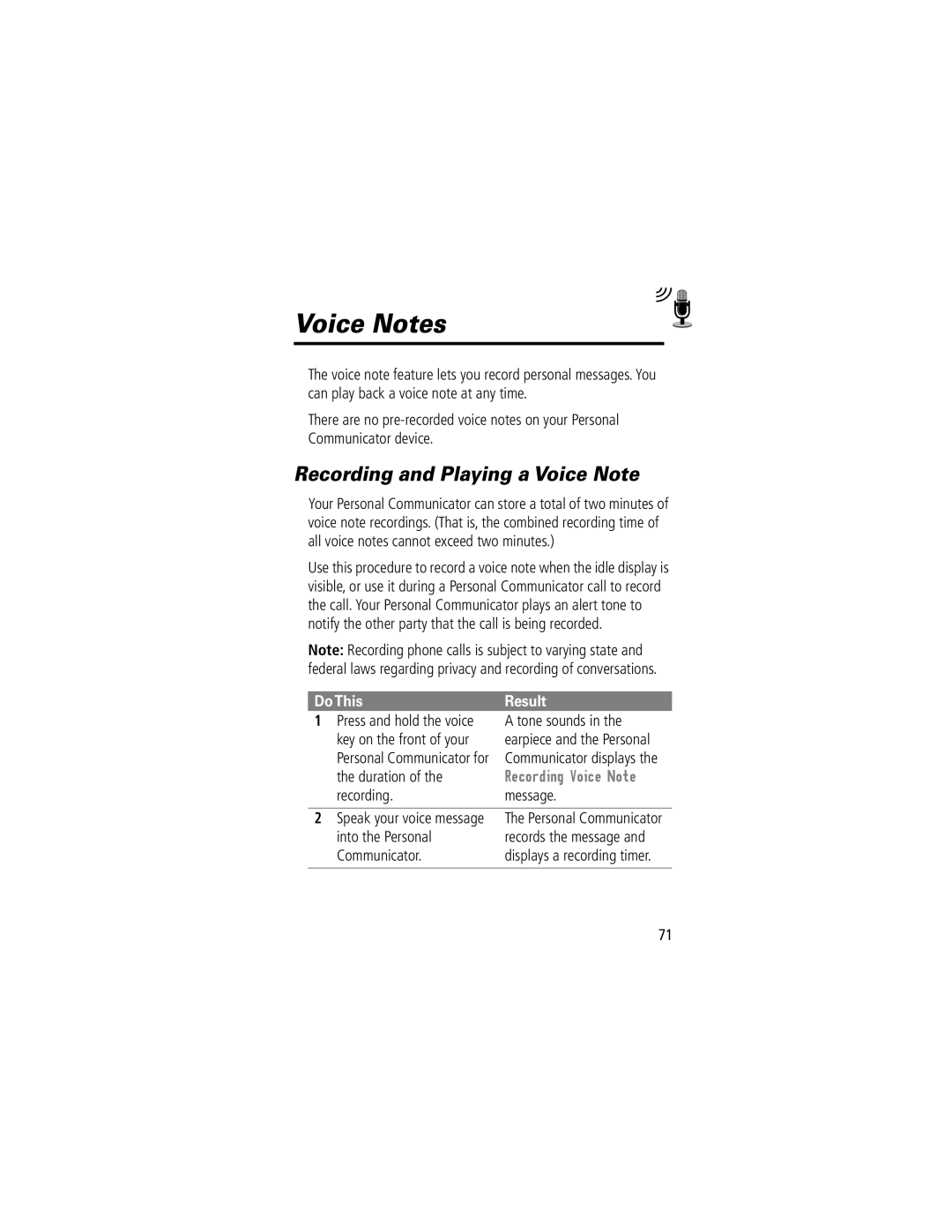 Motorola V200 manual Voice Notes, Recording and Playing a Voice Note, Duration, Recording Message, Into the Personal 