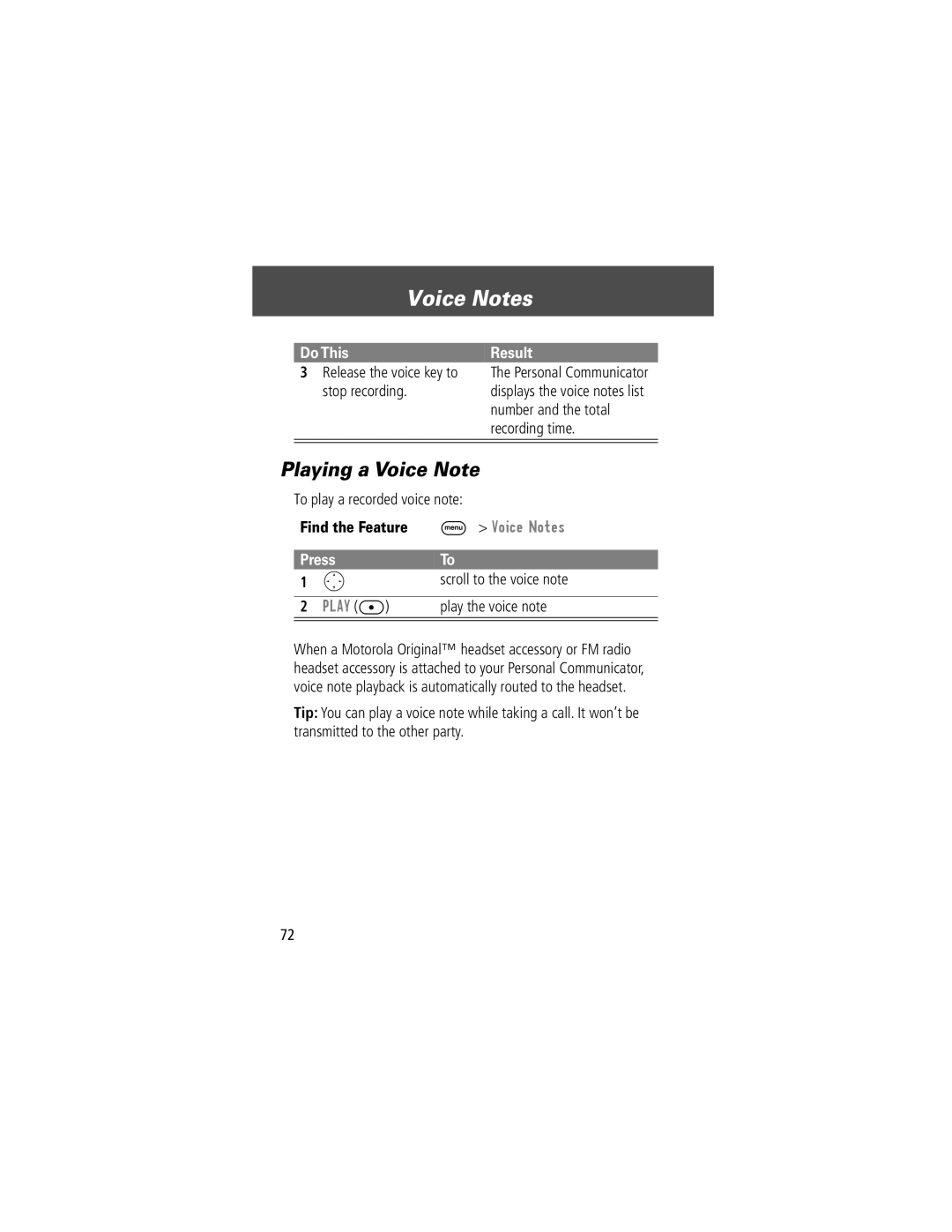 Motorola V200 manual Voice Notes, Playing a Voice Note 