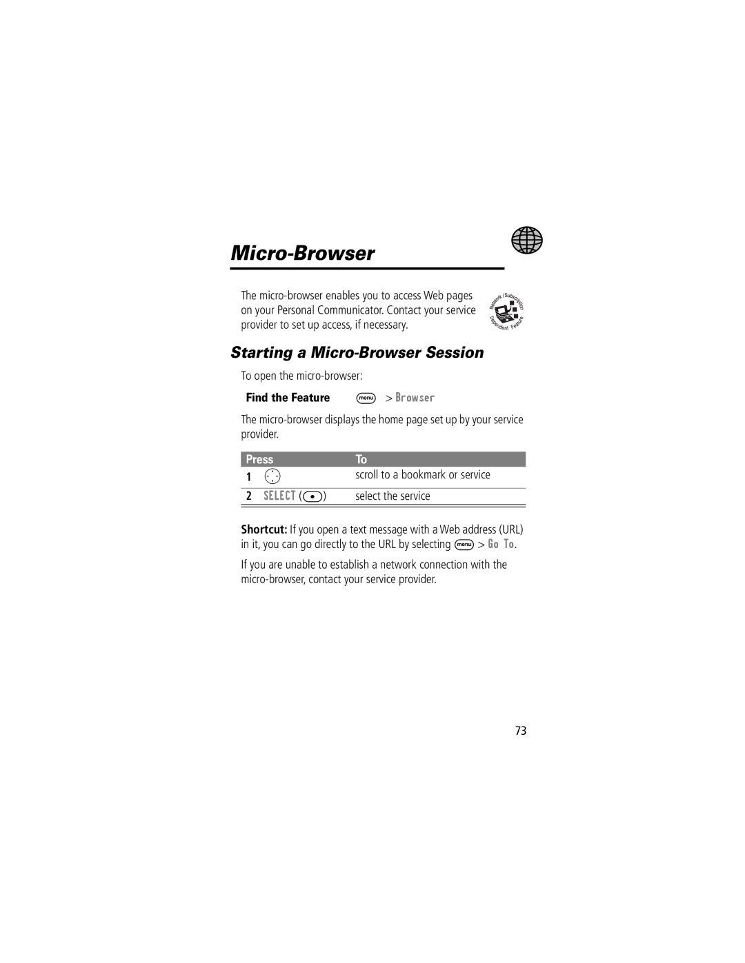 Motorola V200 manual Starting a Micro-Browser Session, To open the micro-browser, Scroll to a bookmark or service 