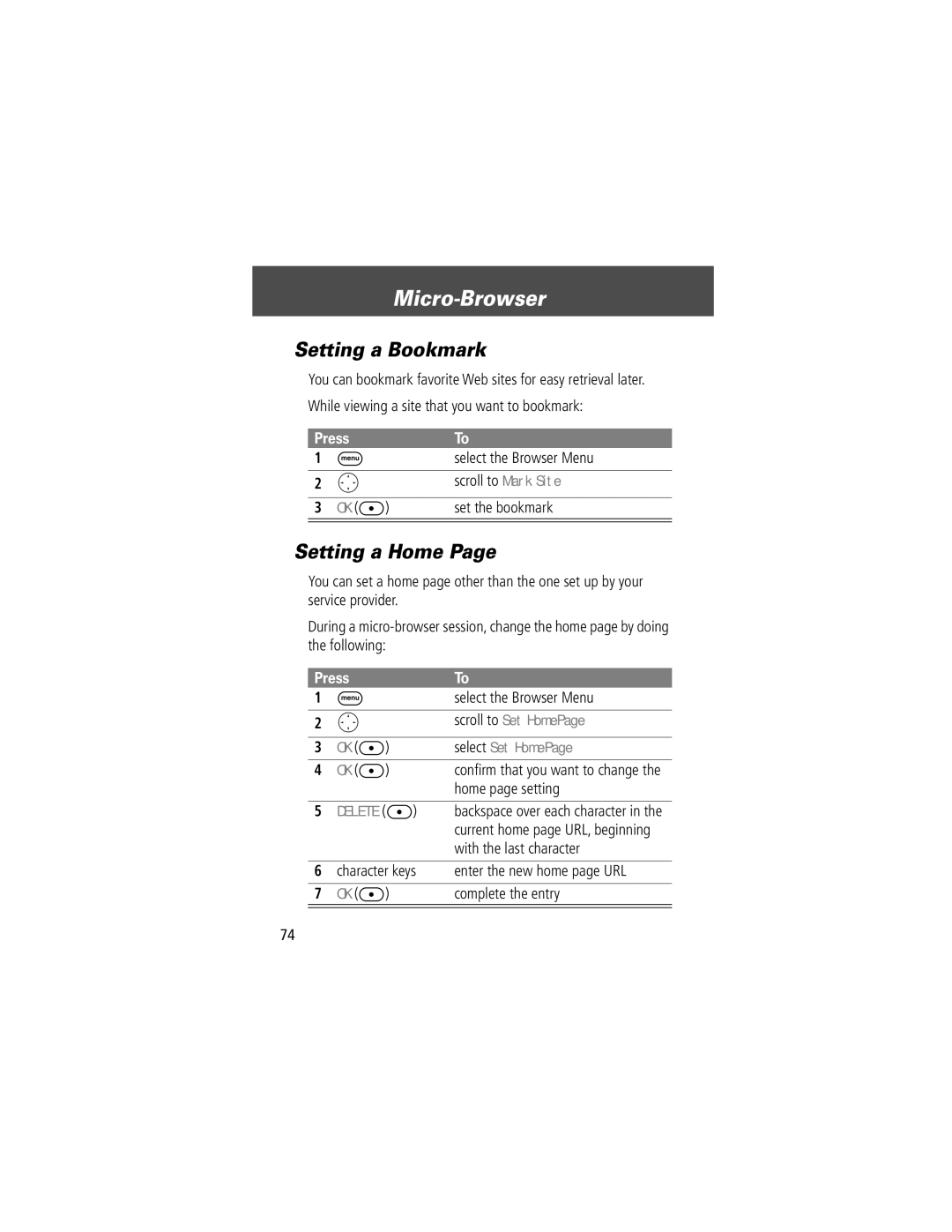Motorola V200 manual Micro-Browser, Setting a Bookmark, Setting a Home 