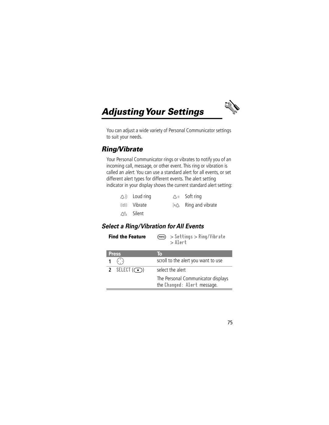 Motorola V200 manual AdjustingYour Settings, Ring/Vibrate, Select a Ring/Vibration for All Events, Select the alert 