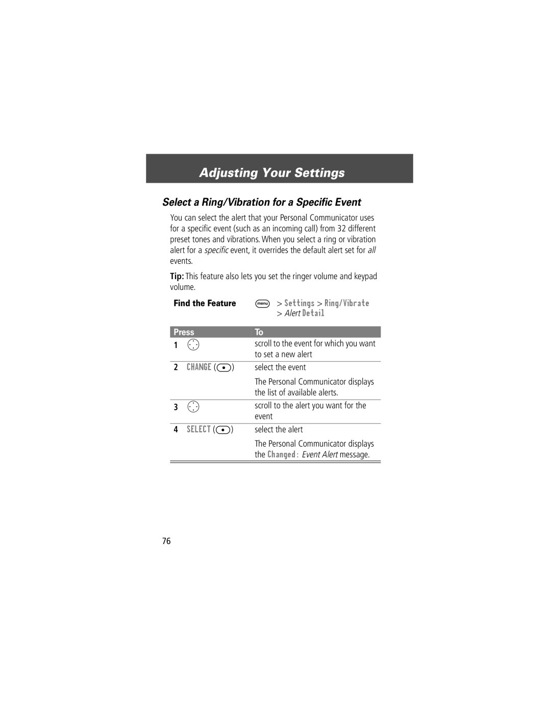 Motorola V200 Adjusting Your Settings, Select a Ring/Vibration for a Speciﬁc Event, To set a new alert, Select the event 