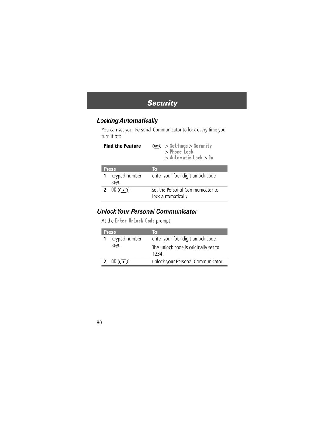Motorola V200 manual Security, Locking Automatically, Unlock Your Personal Communicator, Lock automatically 
