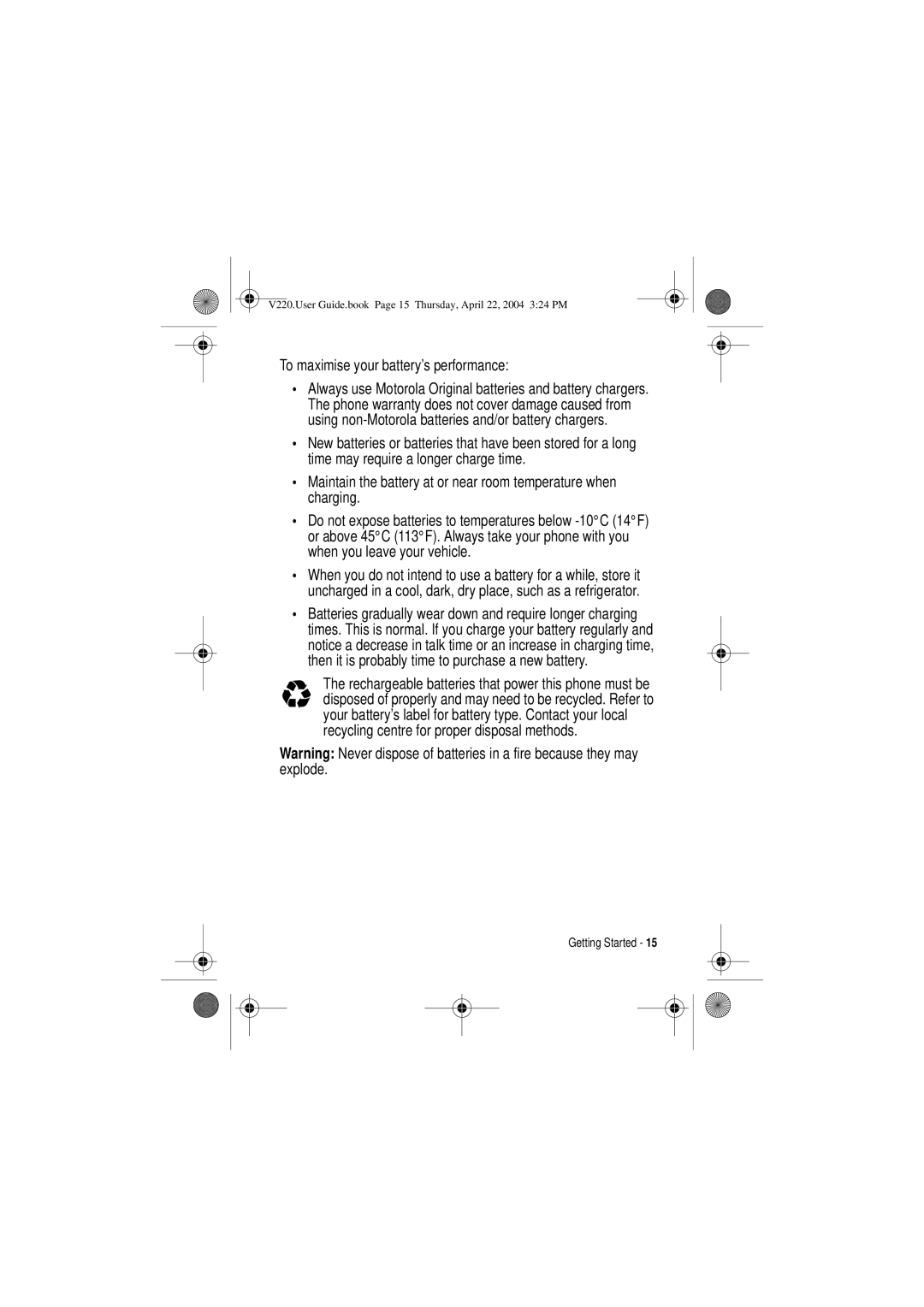 Motorola V220 manual To maximise your battery’s performance 