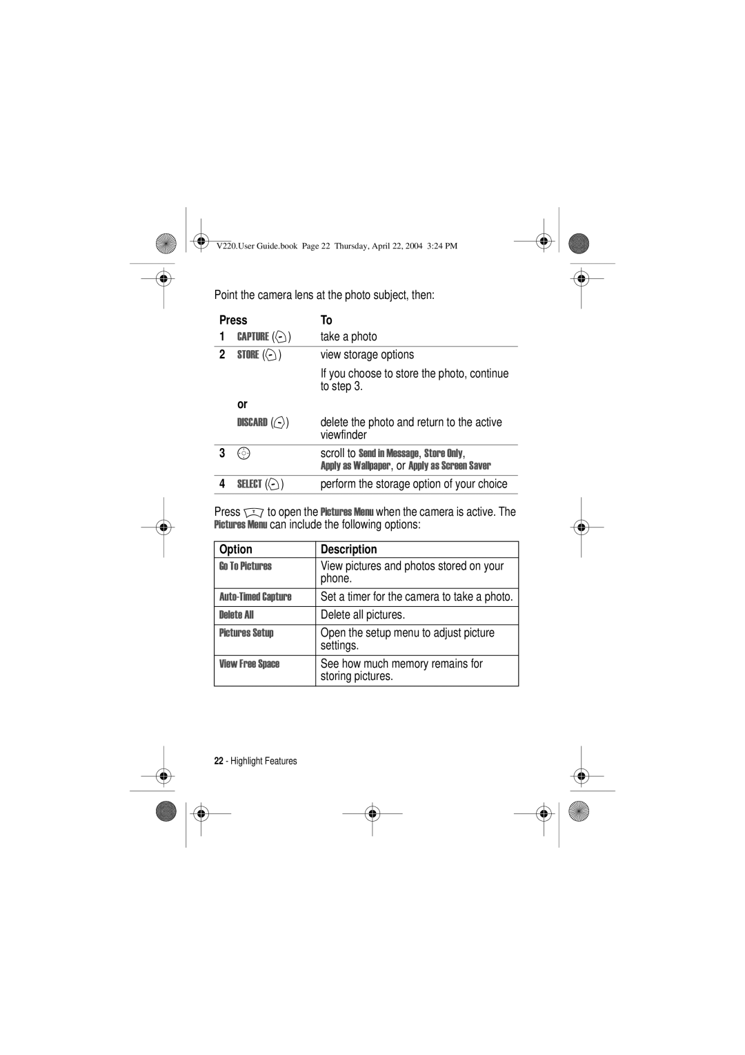 Motorola V220 manual $3785 +, 6725 +, Option Description 