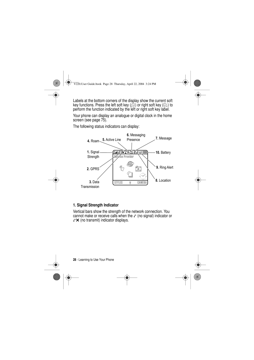 Motorola V220 manual Signal Strength Indicator 