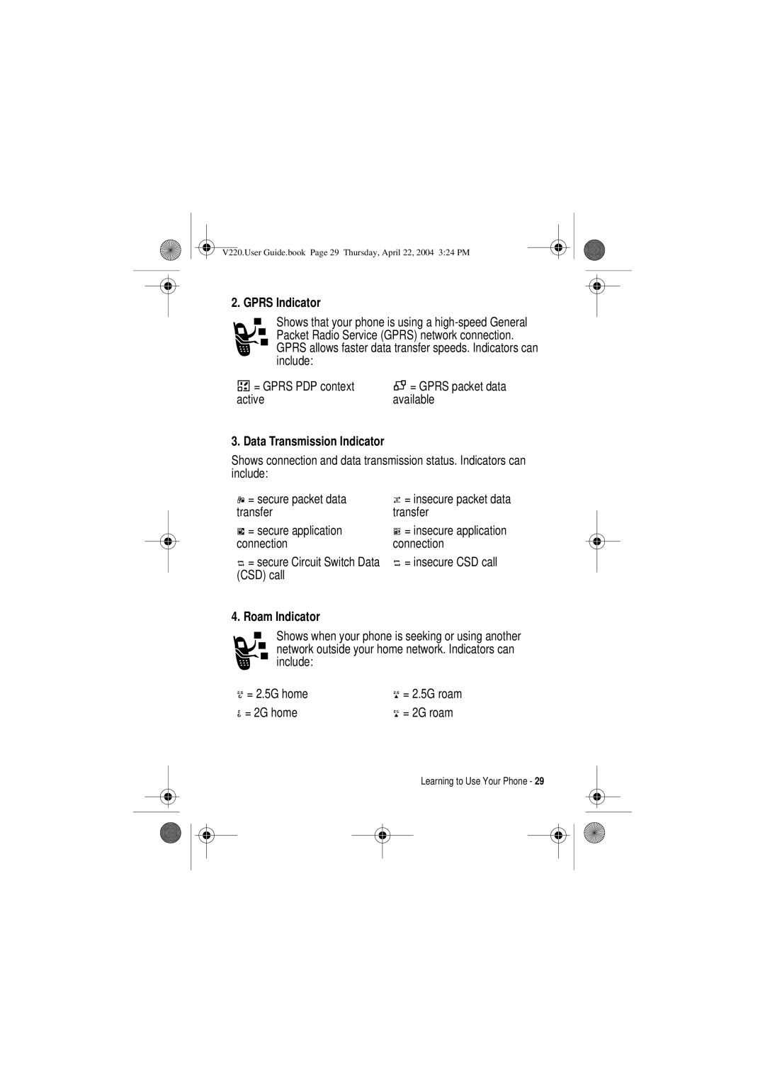 Motorola V220 manual Gprs Indicator, Data Transmission Indicator, Roam Indicator 