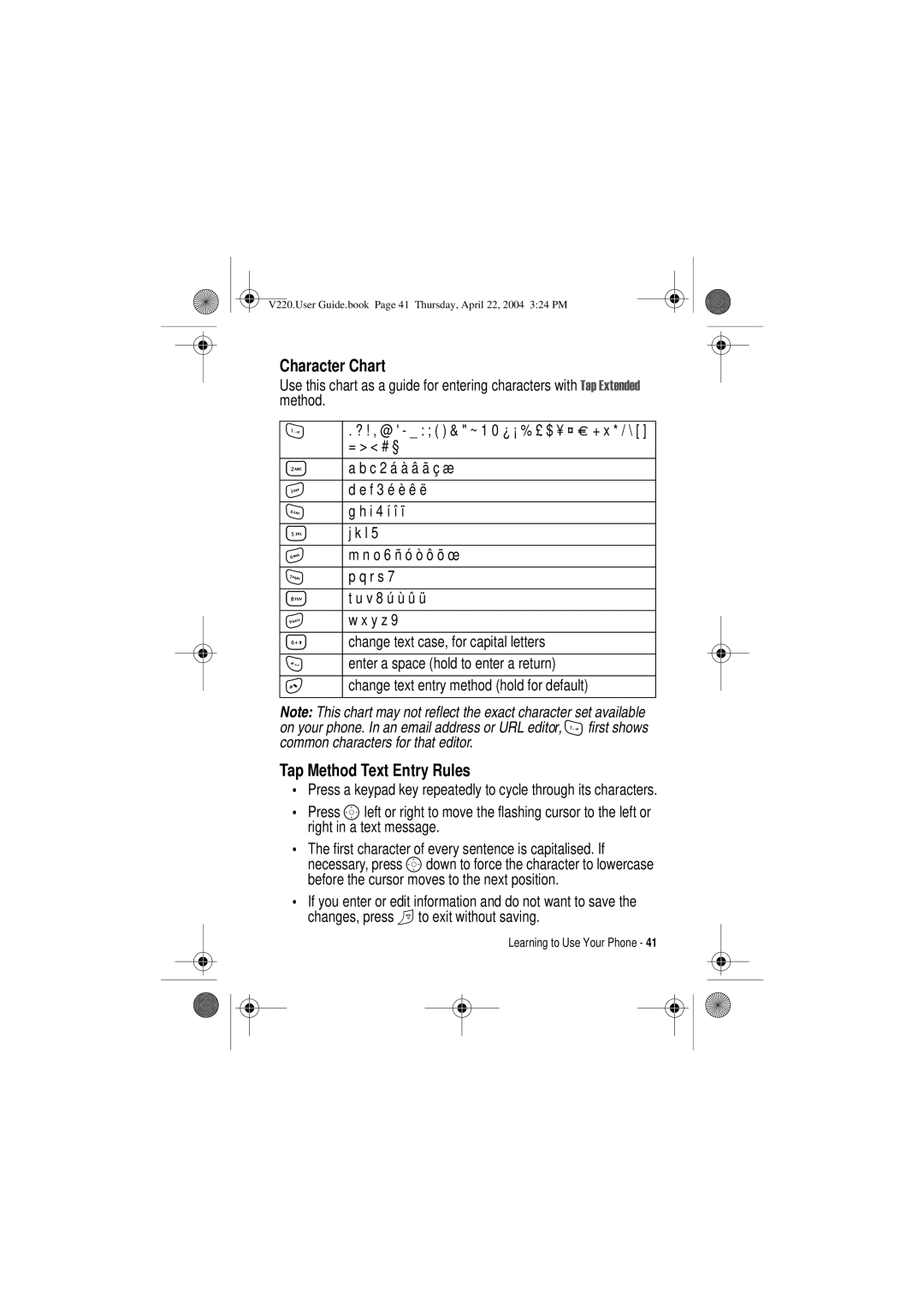 Motorola V220 manual = # §, C 2 á à â ã ç æ, F 3 é è ê ë, I 4 í î ï, O 6 ñ ó ò ô õ œ, R s, V 8 ú ù û ü, Y z 