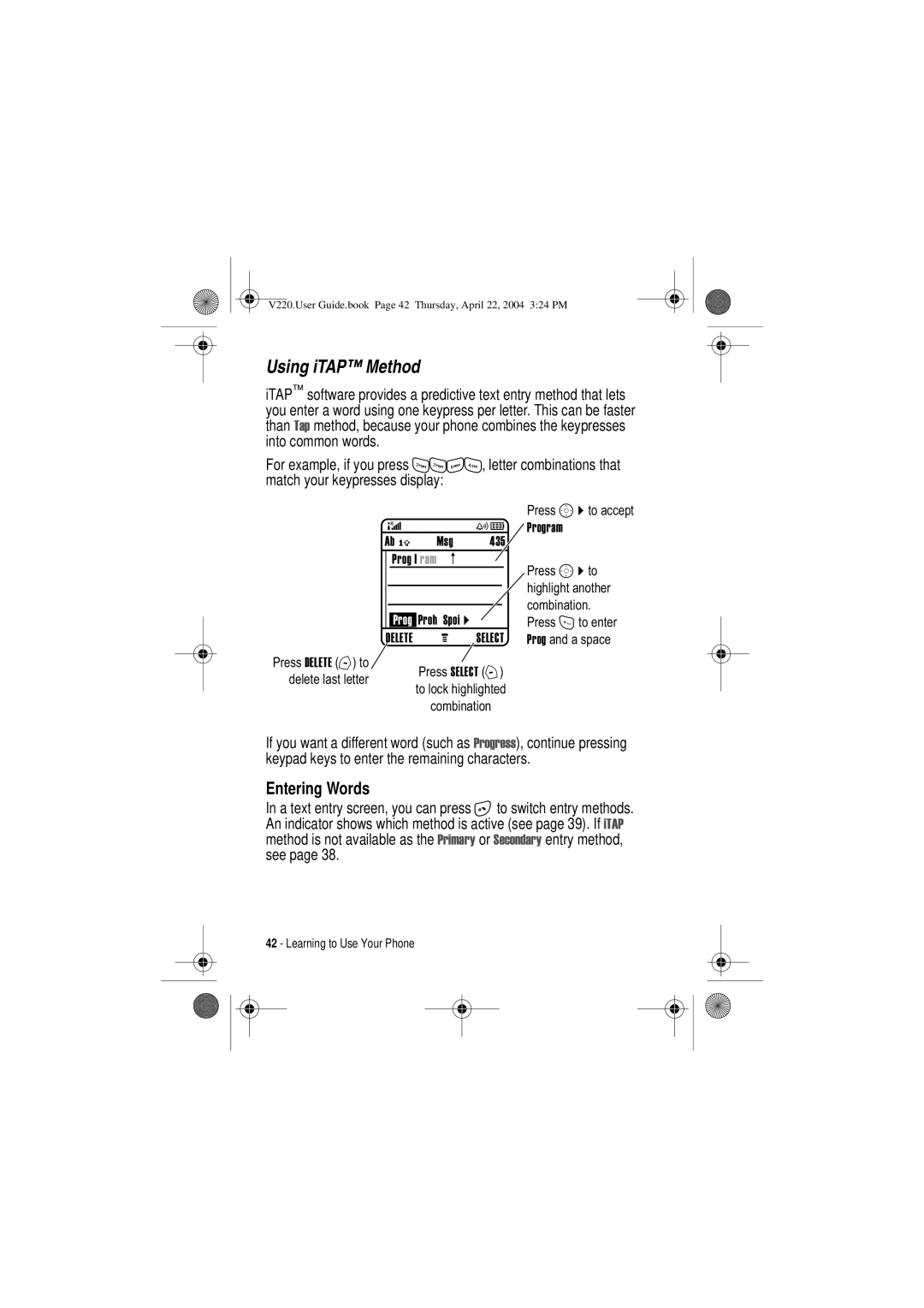 Motorola V220 manual Using iTAP Method, Program 