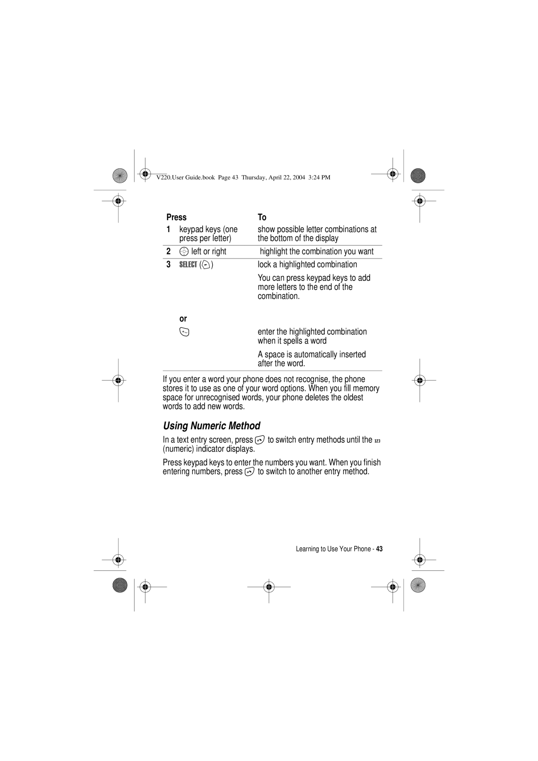 Motorola V220 manual Using Numeric Method 