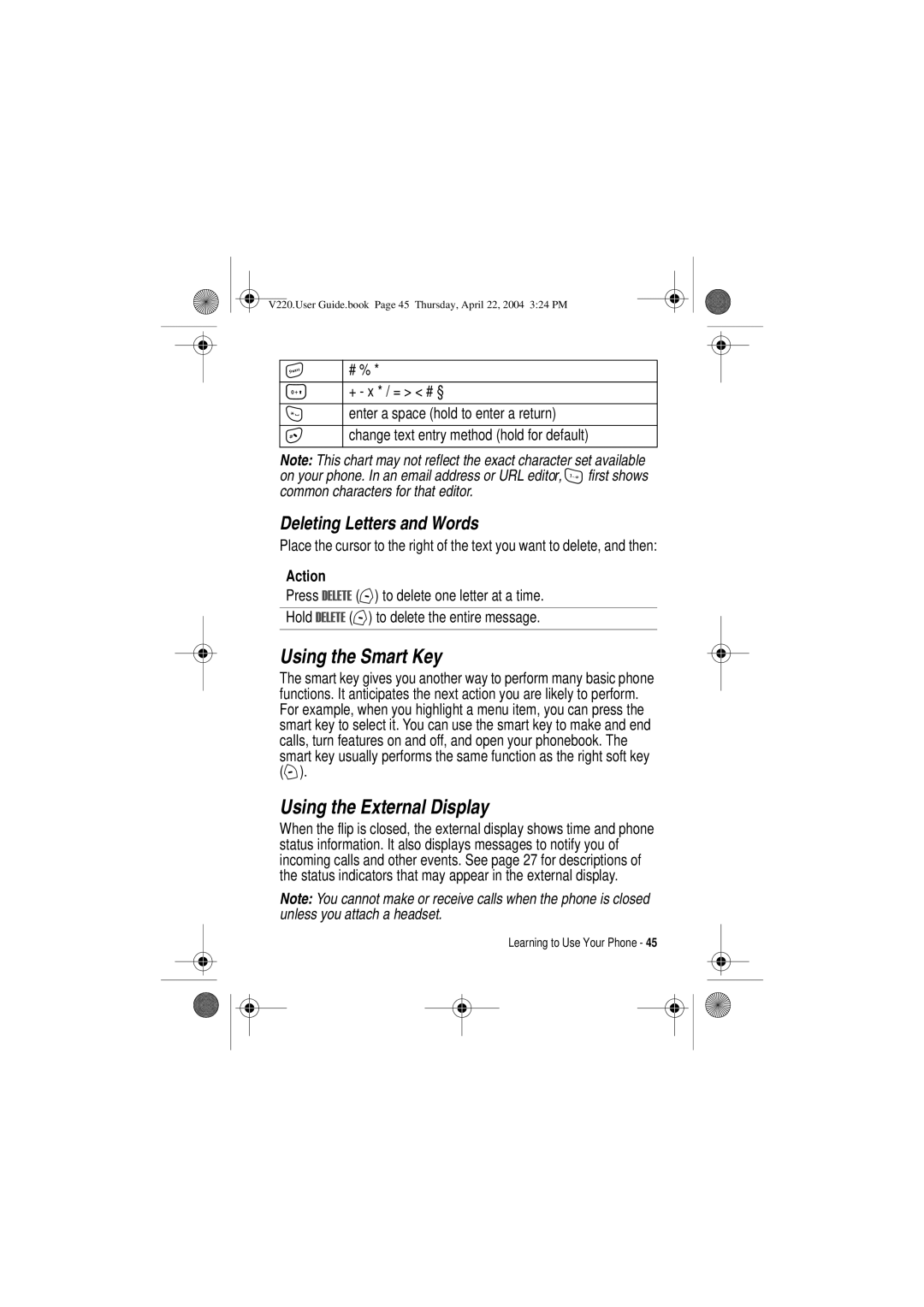 Motorola V220 manual Using the Smart Key, Using the External Display, Deleting Letters and Words 