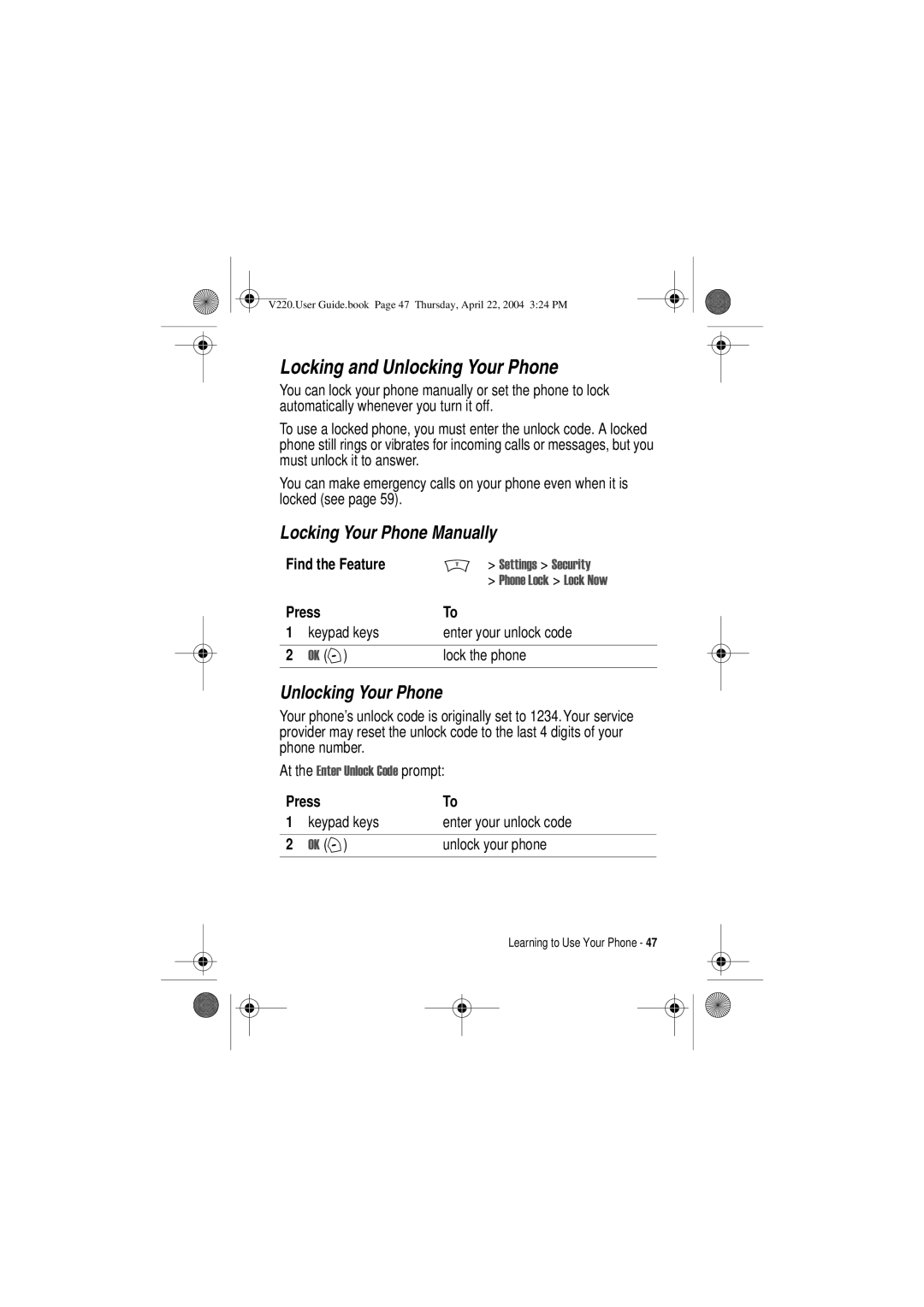 Motorola V220 manual Locking and Unlocking Your Phone, Locking Your Phone Manually, At the Qwhu 8QORFN &RGH prompt 