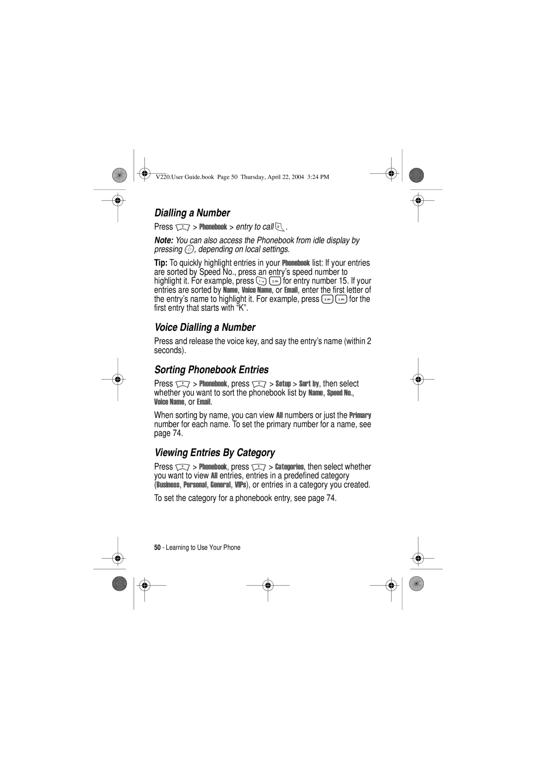 Motorola V220 manual Voice Dialling a Number, Sorting Phonebook Entries, Viewing Entries By Category 