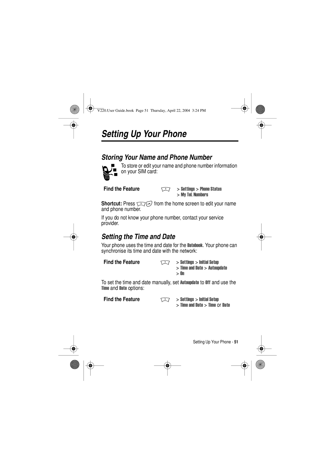 Motorola V220 manual Setting Up Your Phone, Storing Your Name and Phone Number, Setting the Time and Date 