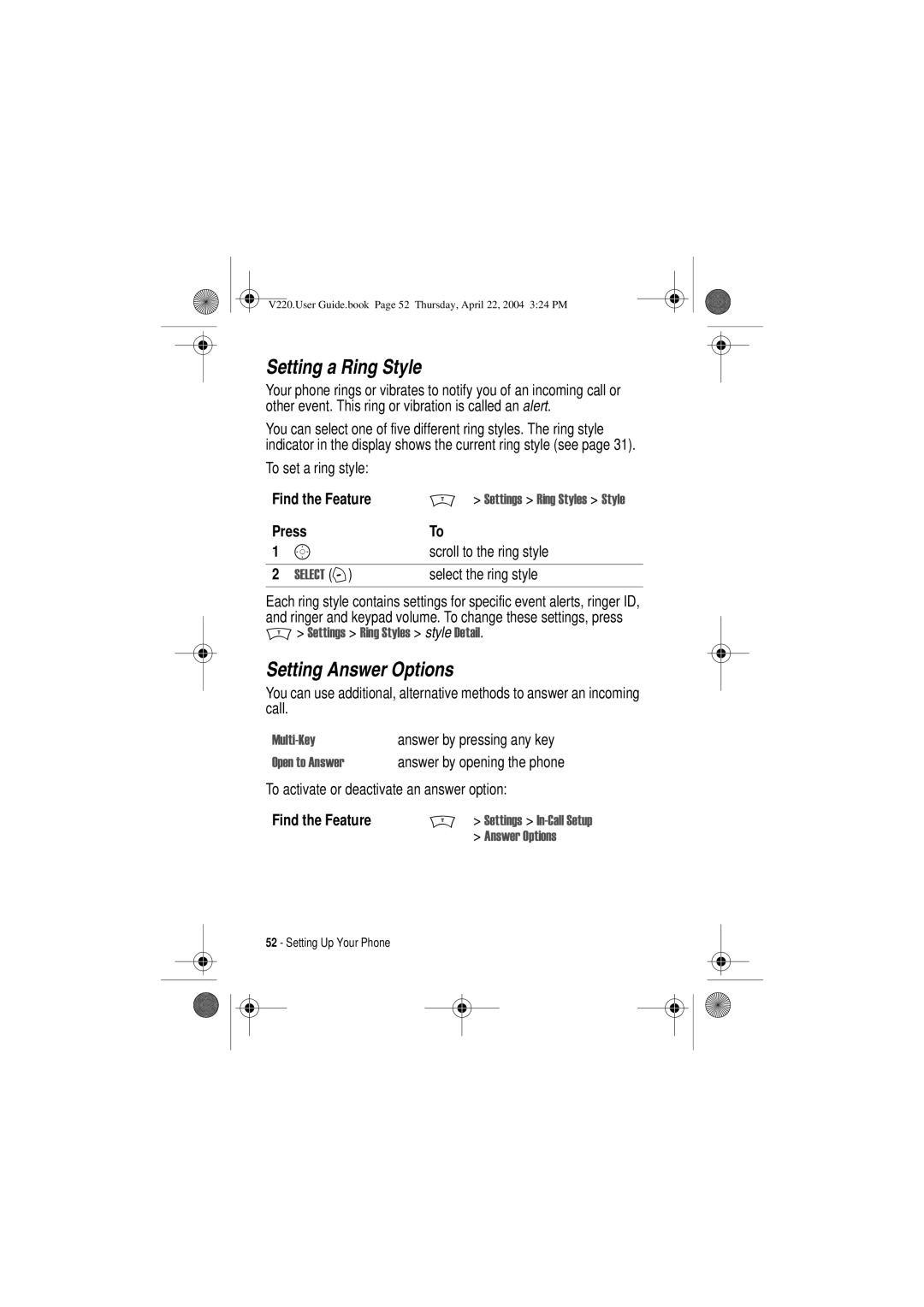 Motorola V220 Setting a Ring Style, Setting Answer Options, Press Scroll to the ring style Select the ring style, 0XOWL.H 