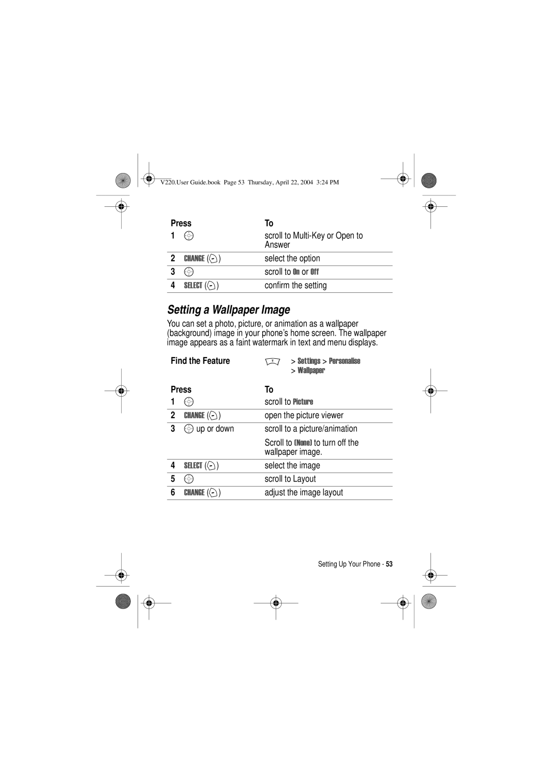 Motorola V220 manual Setting a Wallpaper Image, +$1* + 