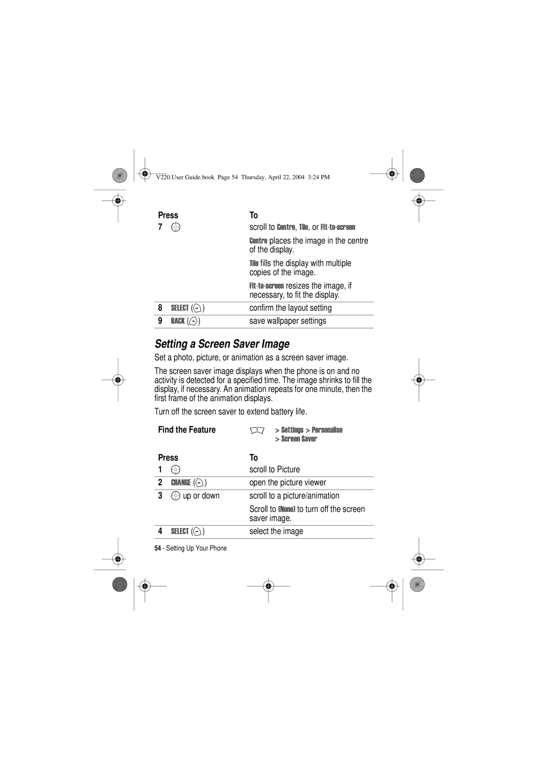 Motorola V220 manual Setting a Screen Saver Image 