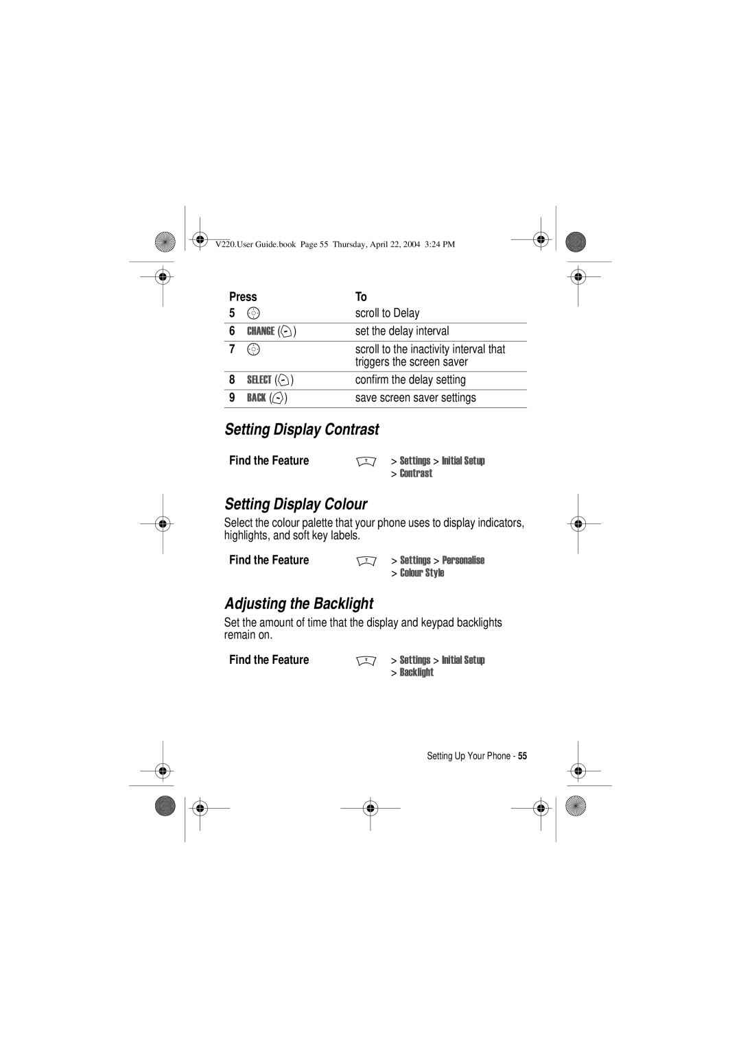 Motorola V220 manual Setting Display Contrast, Setting Display Colour, Adjusting the Backlight 