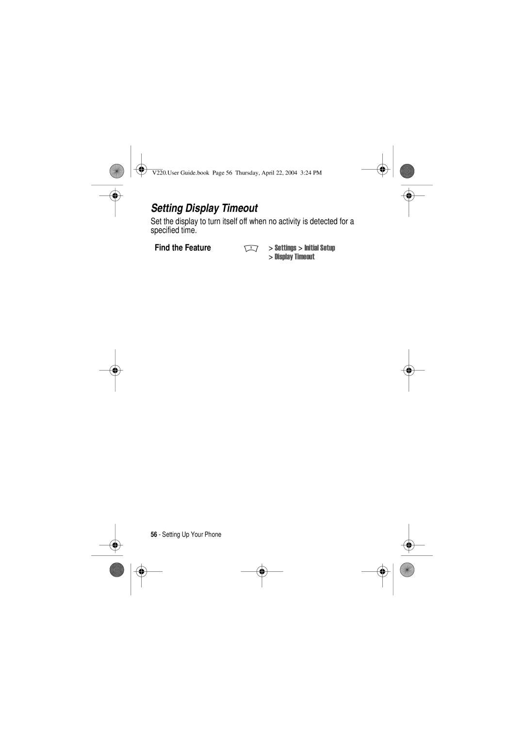 Motorola V220 manual Setting Display Timeout 