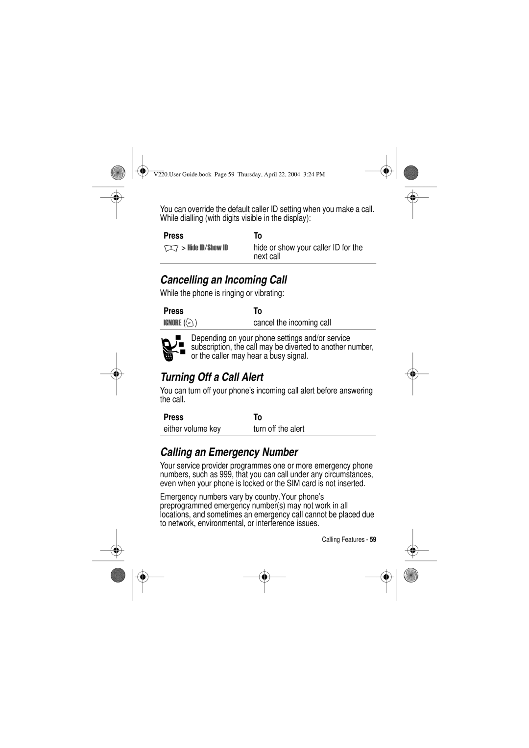 Motorola V220 manual Cancelling an Incoming Call, Turning Off a Call Alert, Calling an Emergency Number, PressTo 