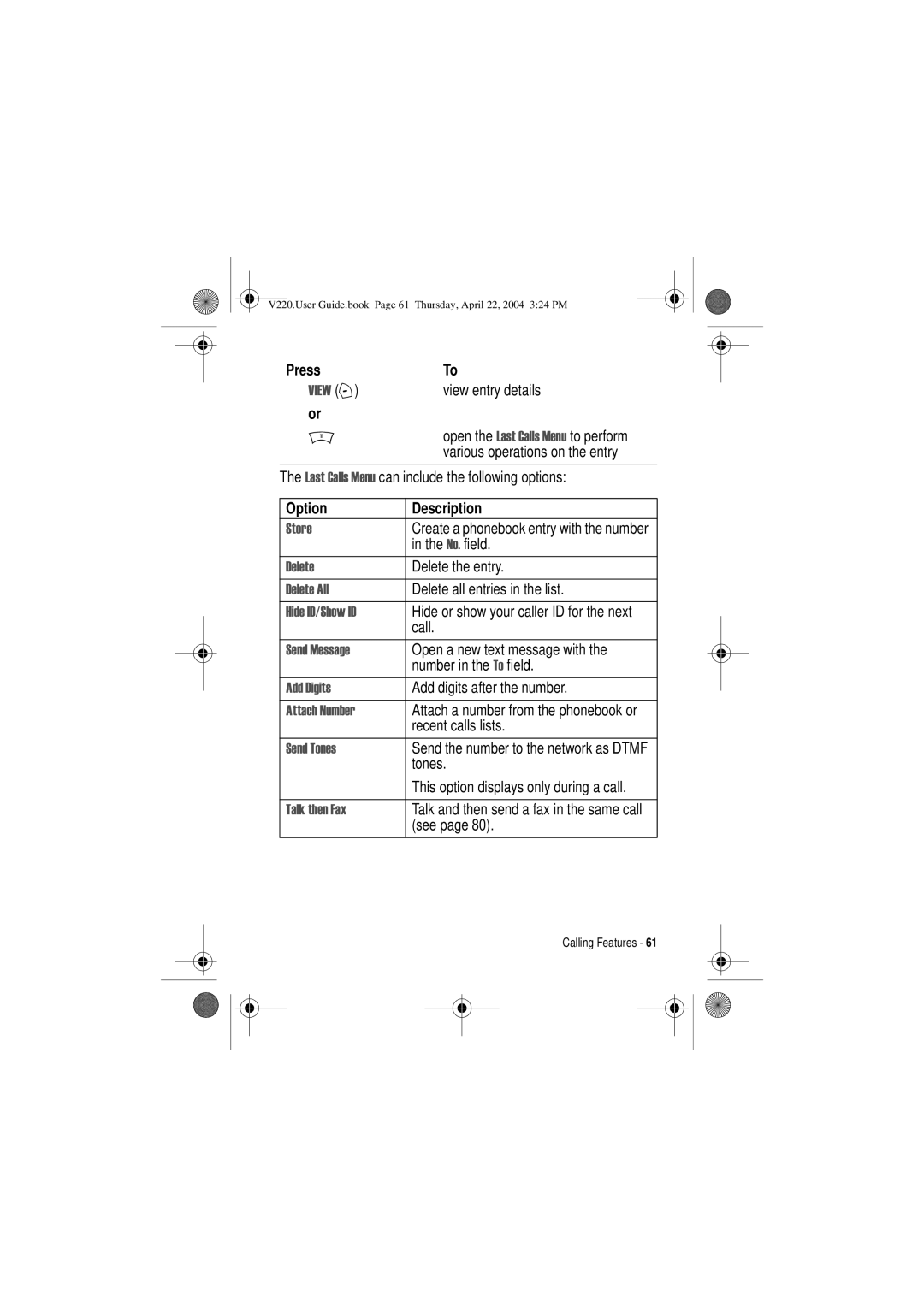 Motorola V220 View entry details, Various operations on the entry, 1R field, Delete the entry, Call, Recent calls lists 