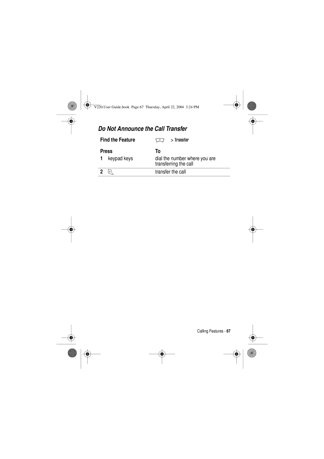 Motorola V220 manual Do Not Announce the Call Transfer, 7UDQVIHU 