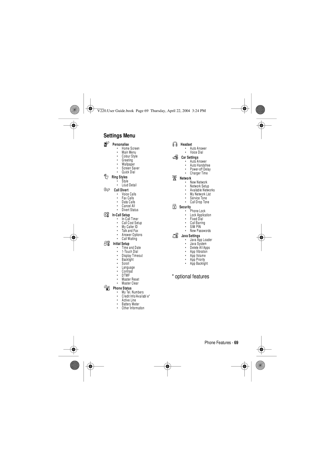 Motorola V220 manual Settings Menu, Initial Setup 