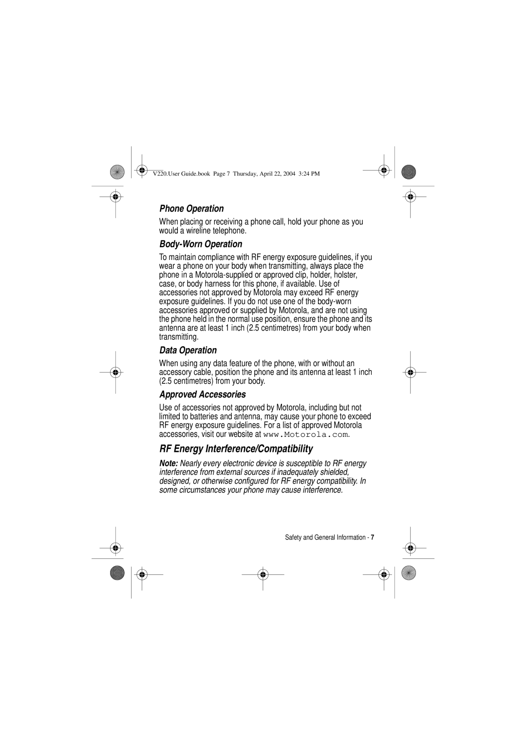 Motorola V220 manual RF Energy Interference/Compatibility, Body-Worn Operation 