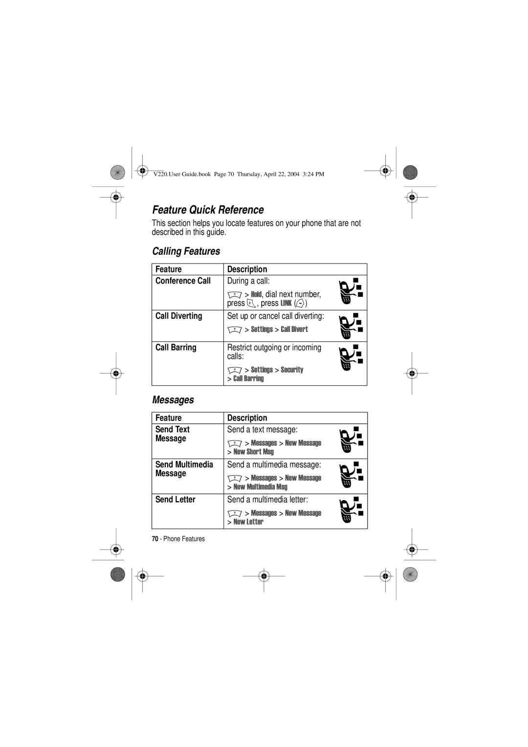 Motorola V220 manual Feature Quick Reference, Calling Features, Messages 