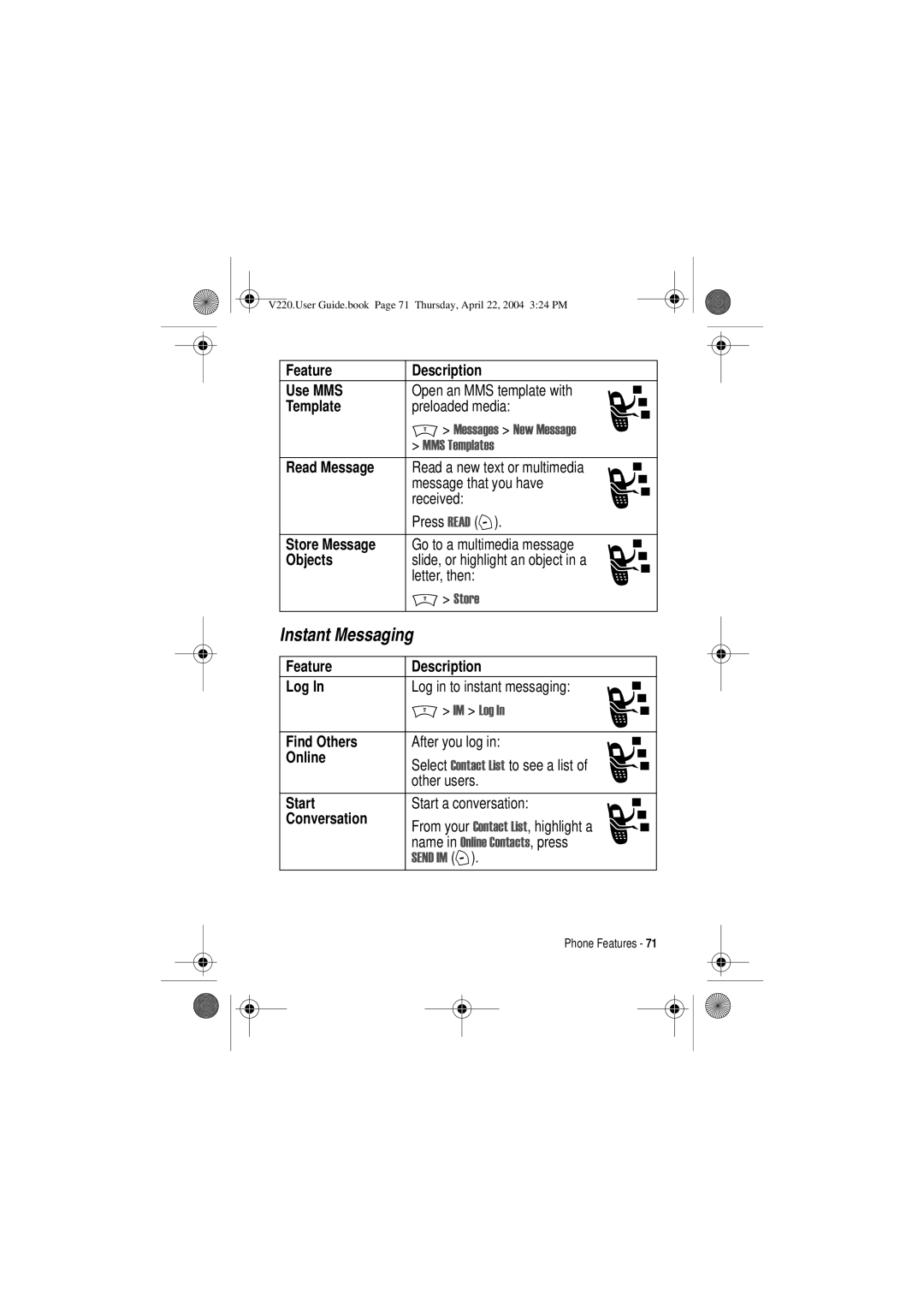 Motorola V220 manual Instant Messaging 