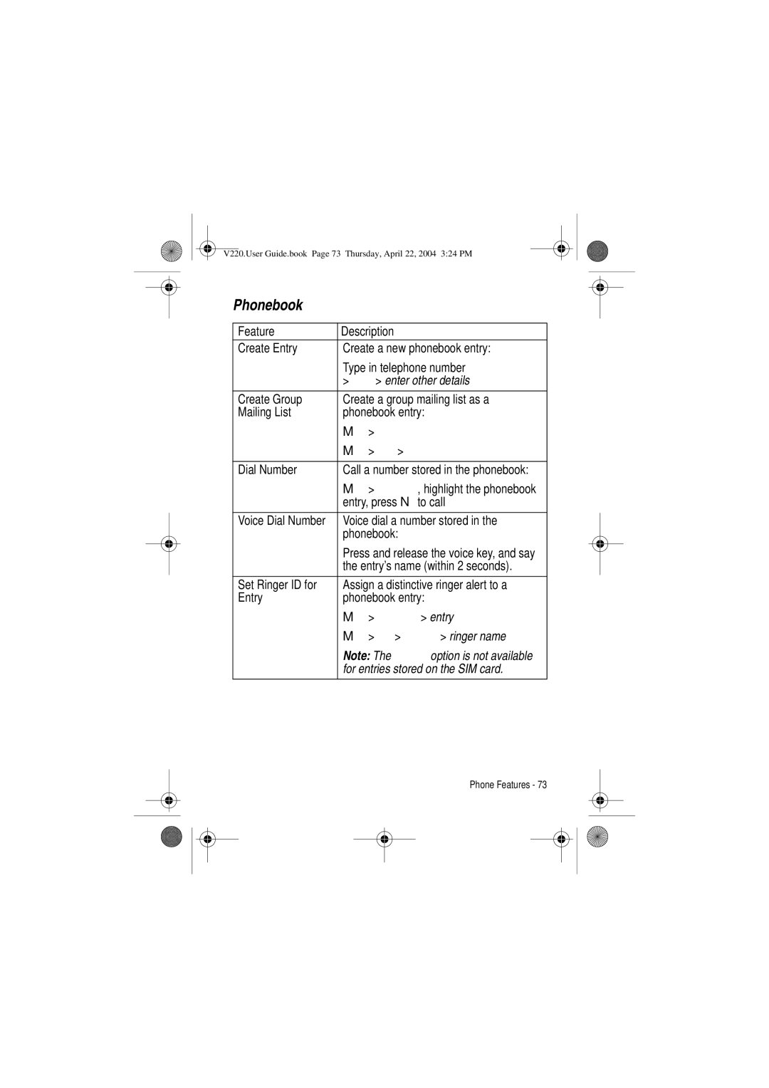 Motorola V220 manual Phonebook 